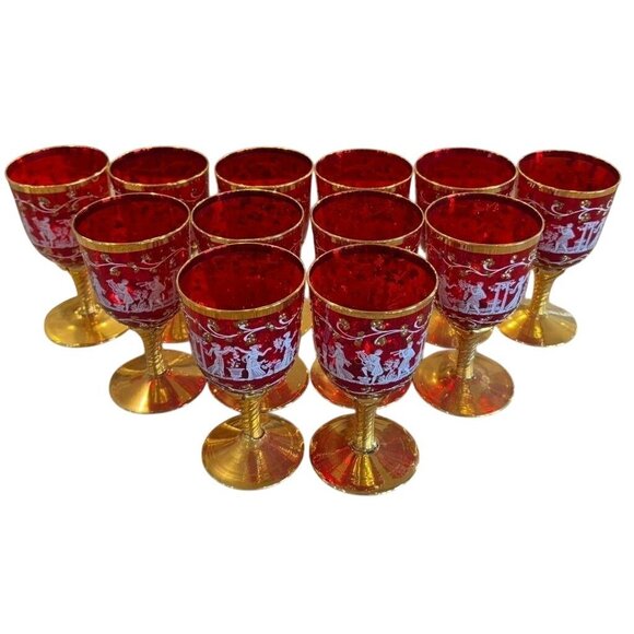 Murano Venetian Neoclassical Wine Glasses Set of 12 Ruby 24k Heavy Gold Gilded - Picture 2 of 10